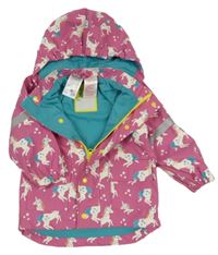 Růžová nepromokavá jarní bunda s jednorožci a kapucí 