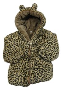 Béžovo-černý chlupatý leopardí zateplený kabátek s kapucňou
