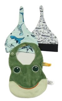 3 set - zelený bryndák s žábou + bílo-černá čepice s lvíčky + světlemodrá čepice s dinosaury 