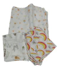 3 set - biela mušelínová osuška s obrázky + 2x bílo-barevná plena