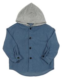 Modrá rebrovaná zamatová košeľová bunda s kapucňou Shein