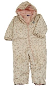 Béžovo-růžová květovaná šusťáková zimní kombinéza s kapucí Lupilu