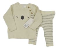 Nové - 2set - Smetanový svetr s čumákem + smetanovo-šedé pruhované pletené tepláky F&F