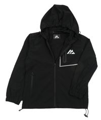 Černá šusťáková jarní funkční bunda s potiskem a kapucí 