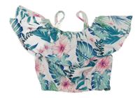 Bielo-zeleno-ružový crop top s kvetmi a volánikom
