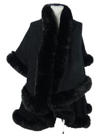 Nové - Dámský černý svetrový pléd s kožíškem Gallery 
