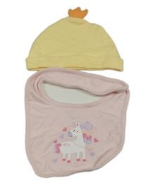 2set- žltá bavlnená čepice+ ružový podbradník s jednorožcom