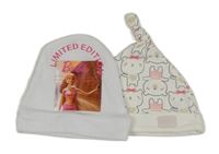 2x Bílá čepice s Barbie + bílá čepice s medvídky 