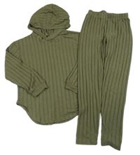 2set- khaki žebrované úpletové triko s kapucí+ tepláky Shein