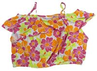 Bielo-ružovo-oranžový kvetovaný crop top s volánikom Matalan