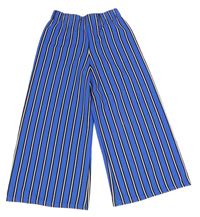 Modro-bielo-čierne pruhované wide leg nohavice