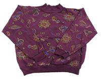 Fialová oversize mikina so sluníčky a vtáčky