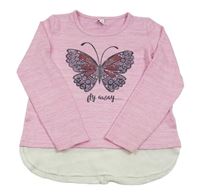 Růžové melírované úpletové triko s motýlem s flitry Yigga