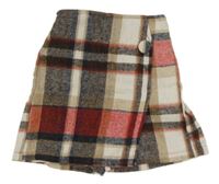 Hnedo-béžovo-čierna kockovaná flaušová skort sukňa