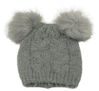 Šedá chlupatá čepice s bambulemi Primark 