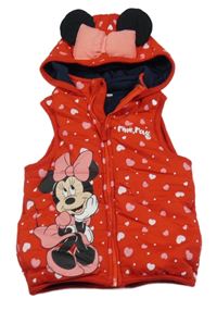 Červená tepláková zateplená vesta s Minnie, srdíčky a kapucí Disney