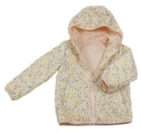 Pudrová šušťáková prešívaná zateplená bunda s kvietkami a kapucňou George