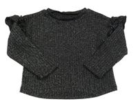 Čierno-strieborný rebrovaný sveter s volánikmi Primark