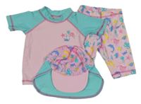 3set - Svetloružová -tyrkysové UV tričko + kalhoty + šiltovka so zvieratkami Alive