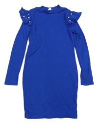 Zafírové rebrované šaty s volániky s perlami SHEIN