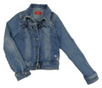 Modrá tepláková rifľová crop bunda s motýlkem z flitrů a volánikmi S. Oliver