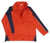 Červeno-tmavomodrá šušťáková jarná bunda s ukrývací kapucňou