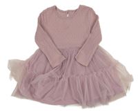 Starorůžovo/fialové žebrované/vzorované šaty s tylem s bodkami PRIMARK