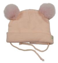 Broskvová pletená zavazovací čepice se zajíčkem a bambulemi sinsay