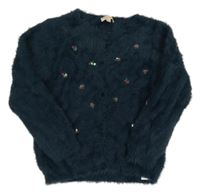 Tmavopetrolejový chlpatý prepínaci sveter s flitrami DU PareiL