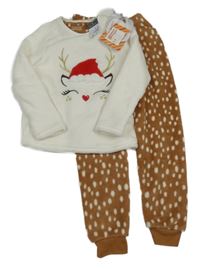 Nové - bílo-hnědé plyšové pyžamo se sobem PRIMARK