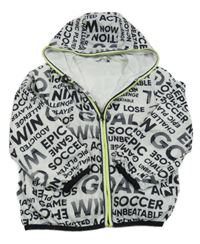 Bílo-černá šusťáková jarní bunda s nápisy a kapucí