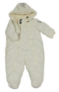 Bílá prošívaná šusťáková zimní kombinéza s kapucí s kožešinou DKNY