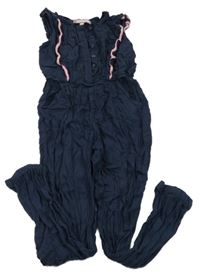 Tmavomodro-ružový nohavicový overal s volánikmi POCOPIANO