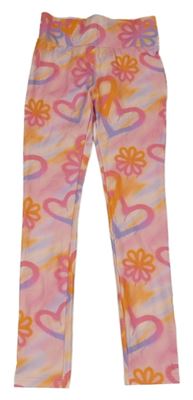 Růžovo-oranžovo-modré batikované sportovní legíny s květy a srdíčky Reserved