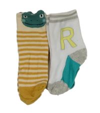2x - Ponožky - Okrovo/smetanové pruhované so žabičkou, bílo/modrozeleno/šedé s písmenkom