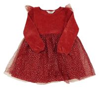 Červeno-tmavočervené žinylkovo/tylové šaty s puntíky a volánky H&M