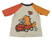 Béžovo-medovo-červené tričko s dinosaurem v autě George