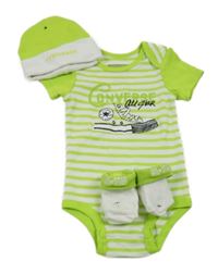 3set - Limetkovo-bílé pruhované body s teniskou + bavlněná čepice + ponožky Converse