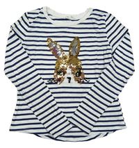 Bielo-tmavomodré pruhované tričko s králíkem z překlápěcích flitrů H&M