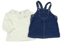 2set - Modré rifľové na traké šaty + biele tričko s golierikom s madeirou H&M