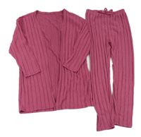 2 set - Růžový pletený žebrovaný cardigan + pletené legíny shein