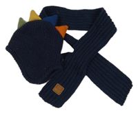 2 set - Tmavomodrá pletená podšitá čepice s barevnými ostny + šála F&F