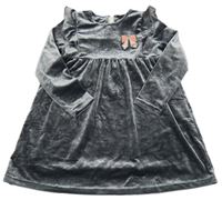 Tmavosivé zamatové šaty s mašličkou a volánikmi