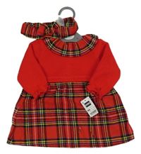 Nové - 2 set - červené pletené šaty s kockovanou sukní + čelenka Dunnes