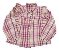 Světlerůžovo-purpurová kostkovaná halenka s volánky 