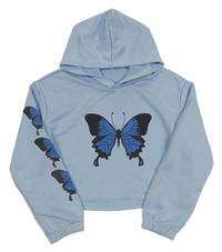 Svetlomodrá crop mikina s motýlkom a kapucňou shein