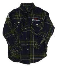 Tmavomodro-zelená kostkovaná košile s nápisem 