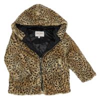 Hnědo-černá leopardí kožešinová podšitá bunda s kapucí 