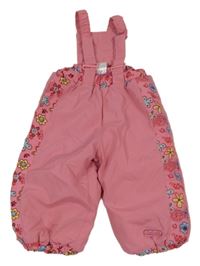 Růžové šusťákové laclové oteplovačky s květovanými pruhy a kšandami  