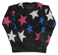 Černo-bílo-růžovo-modrý chlupatý svetr s hvězdami Tezenis